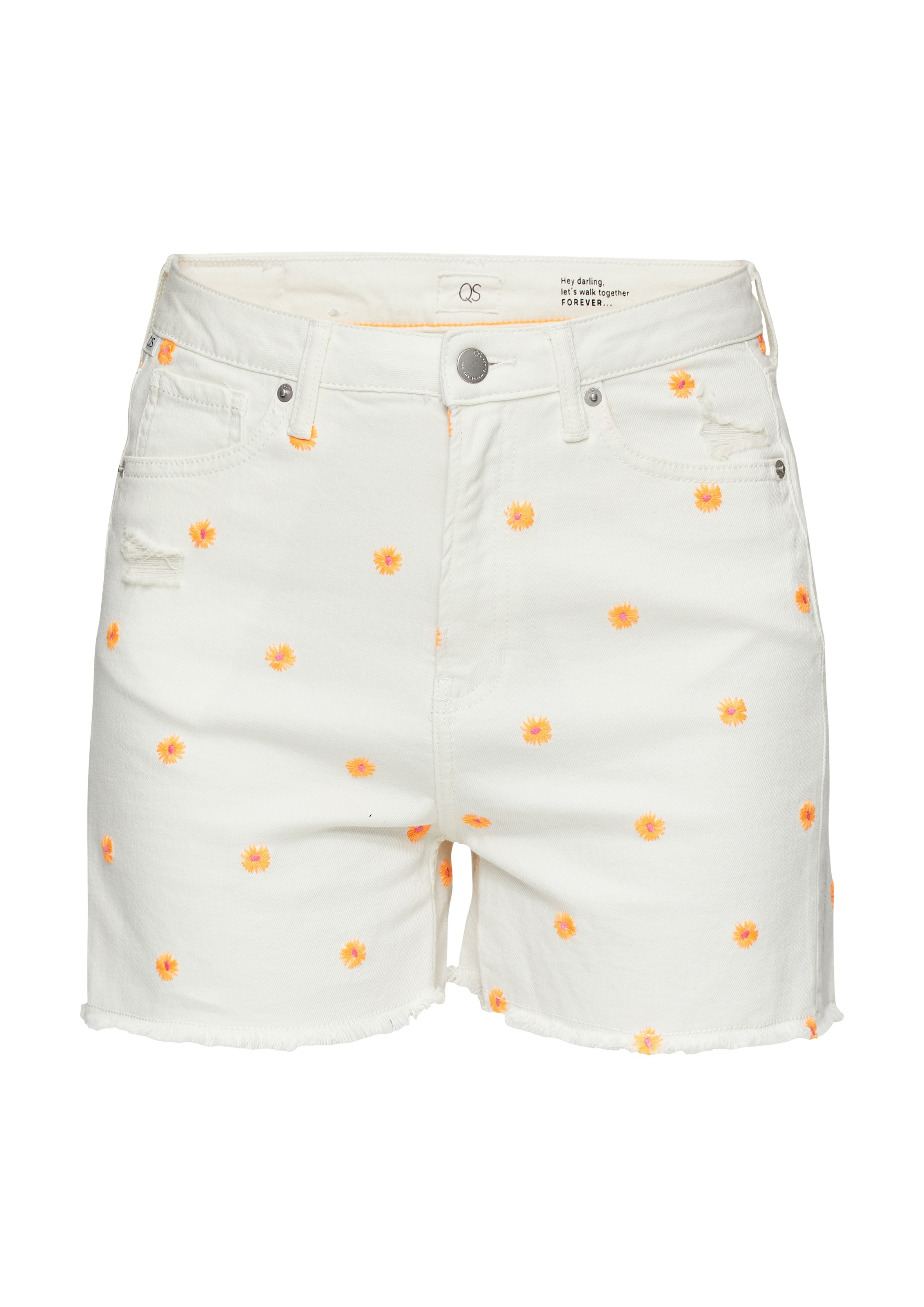 QS Jeansshorts Sommerhose mit floraler Minimal-Stickerei