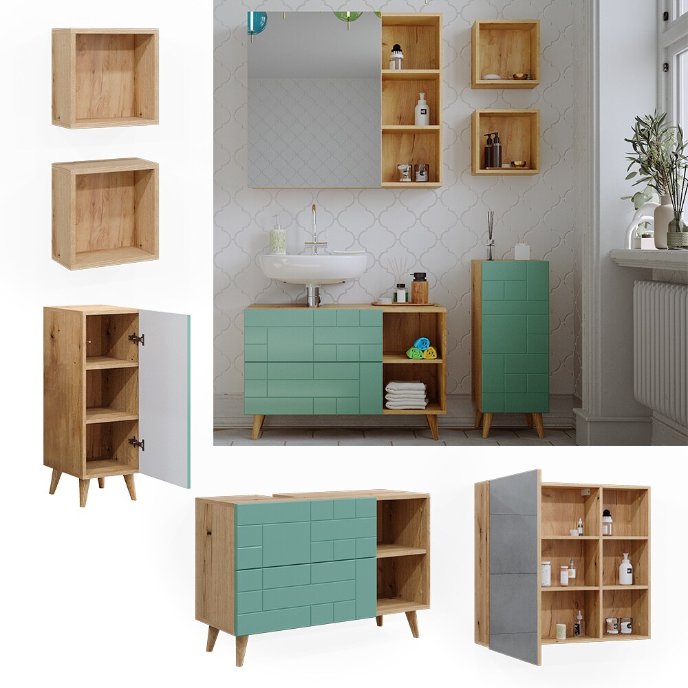 Vicco Badmöbel-Set Rudi in Eiche Evoke Mintgrün, Badezimmer, moderne Badserie Waschbeckenunterschrank Spiegelschrank Midischrank Wandregal