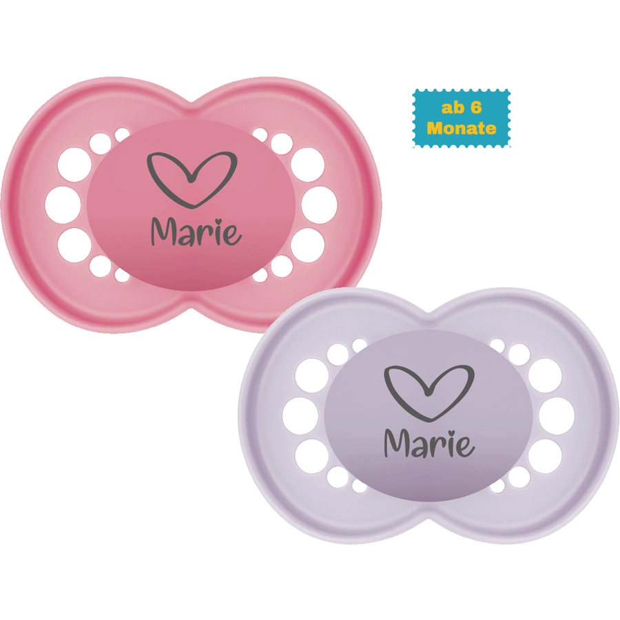 Schnullireich Schnuller mit Namen  Namensschnuller MAM Pure Herz – 2er Set (Mädchen) Rosa