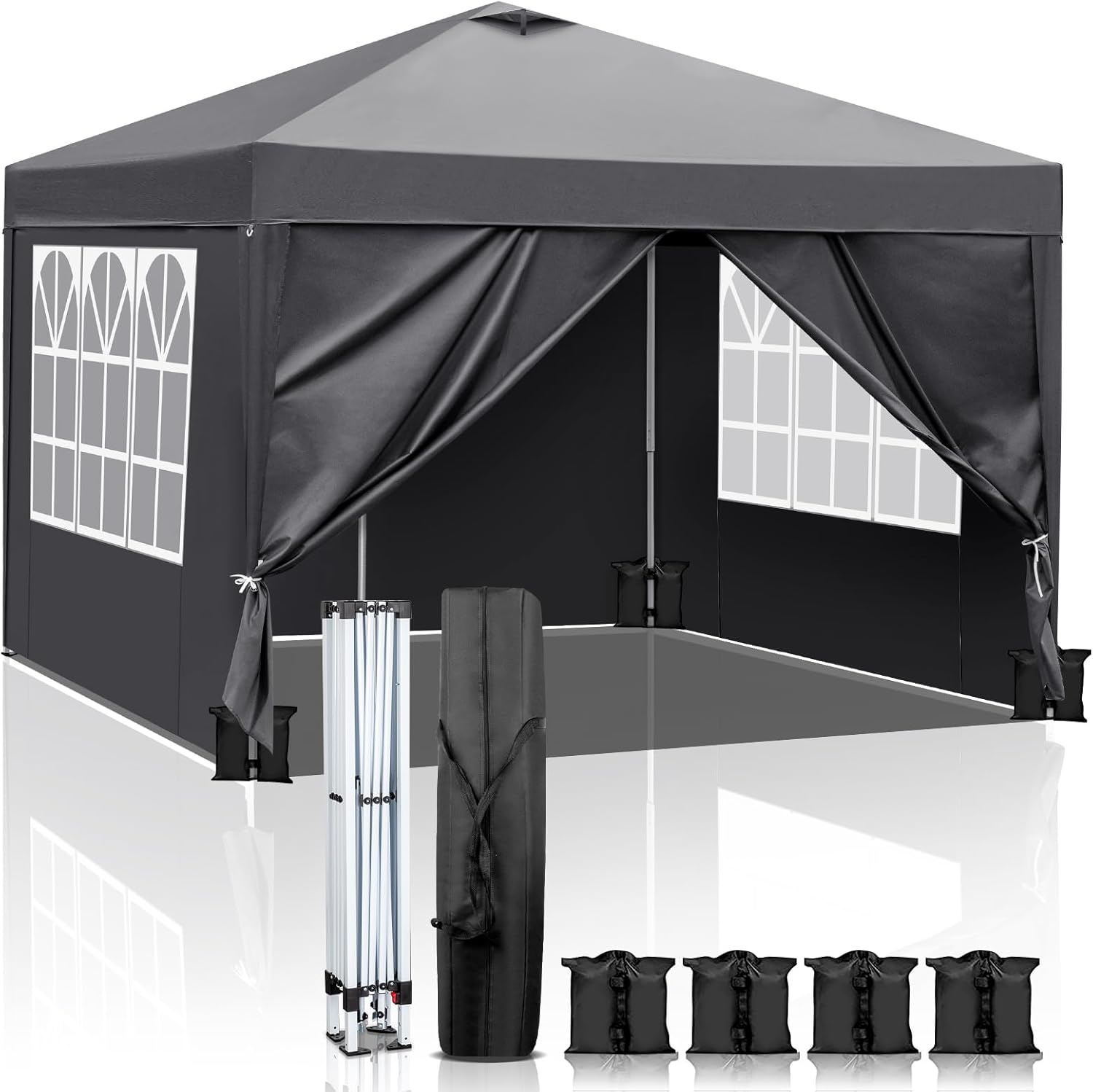 LEADZM Pavillon 3x3 m Pop-up Faltpavillon Mit Belüftungslöchern,Wasserdichter,Höhenverstellbar,UV Schutz 50+,Gartenzelt,Partyzelt,Camping,Stahlrahmen,mit 4 Seitenteilen (Dunkelgrau)
