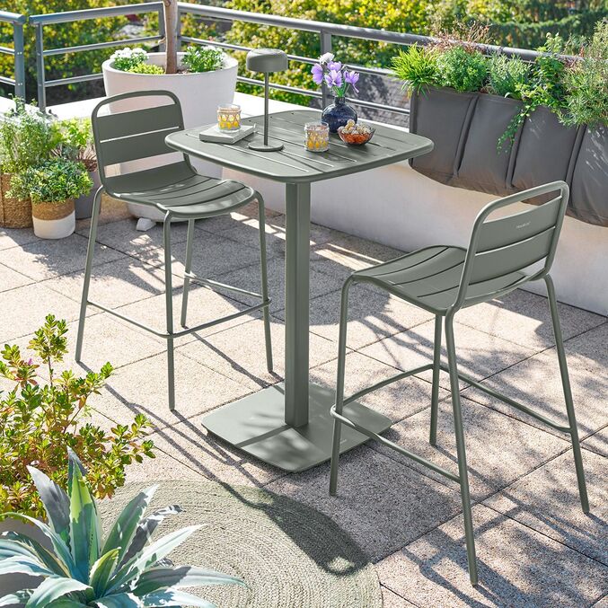 Ensemble table haute de jardin carrée + 2 chaises hautes ALEGORIA Laurier