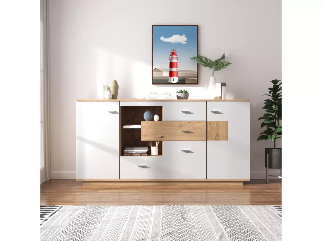 Buffet LED 160x40x77cm, armoire avec 2 portes, 4 tiroirs, étagère en verre, aspect bois meuble de salon armoire polyvalente - blanc