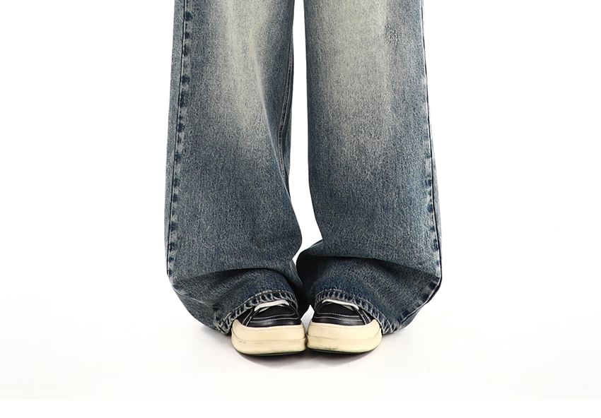 Elyou - Mid Waist Washed Wide Leg Jeans