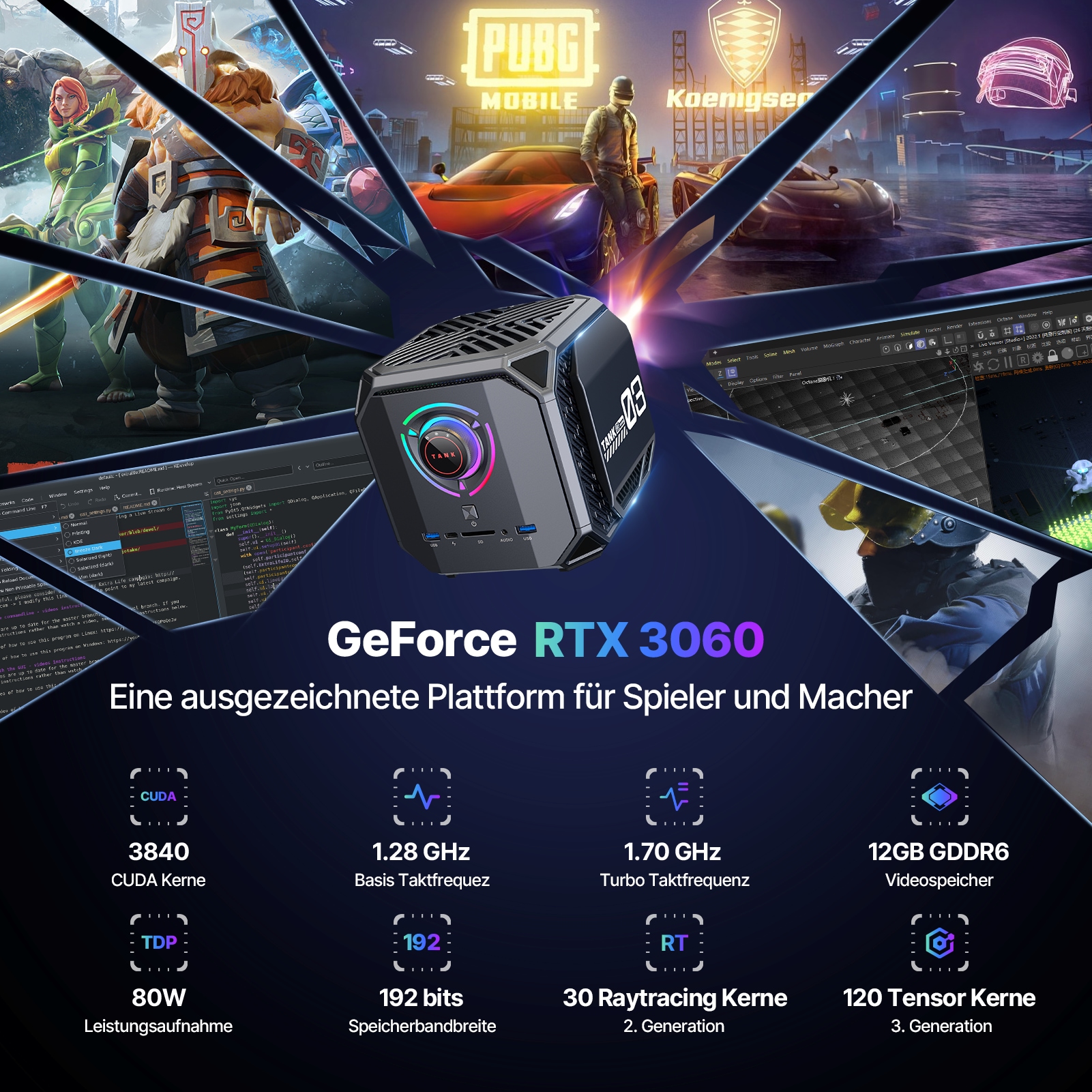 ACEMAGIC Tank03 Mini Gaming PC, Intel i7-12700H (bis zu 4.7Ghz), NVIDIA® GeForce RTX 3060 Graphics, 32GB DDR5/1024GB NVME SSD, WiFi6, Dual 2.5G LAN, Windows 11 Professional