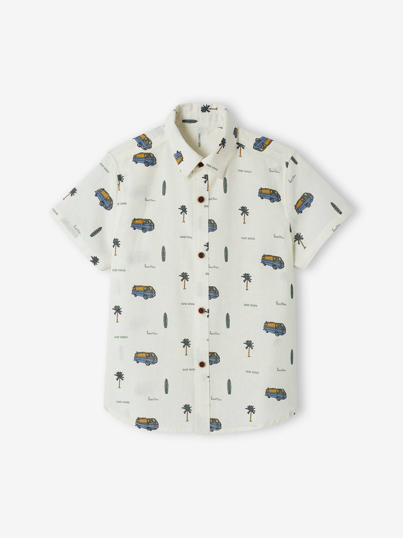 Camisa de manga curta para meninos com motivos estilo surfista e toque de linho, estampa branca.
