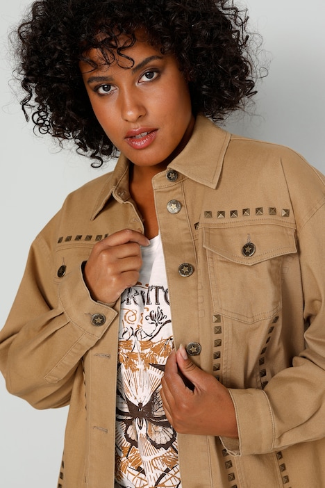 Longjacke, oversized, Ziernieten, Rücken-Stickerei, Langarm