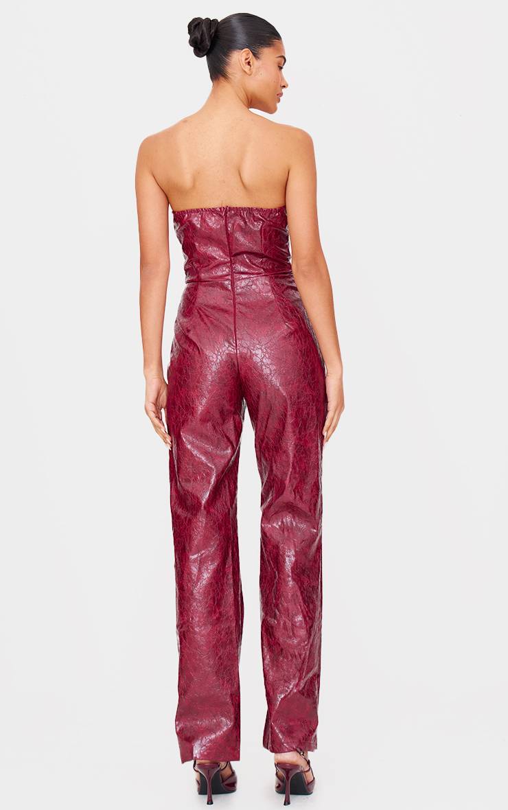 Rouge Bordeaux Combinaison Pantalon Jambe Droite À Plongeant Bandeau En Synthétiquecuir Effet Croco