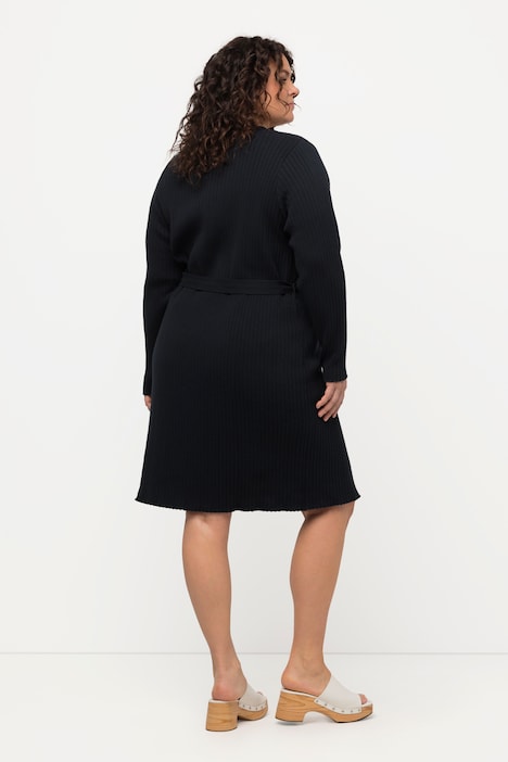Long-Strickjacke, Rippstrick, Bindegürtel, V-Ausschnitt