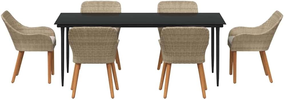 7-TLG Gartenmöbel Set Beige 200x100 cm Poly-Rattan Tisch mit Sicherheitsglas 6 Sitzplätze wetterfest Balkon Terrasse