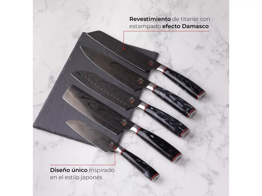 Set de 5 couteaux japonais TETSU et planche à découper 40x25x1,6cm MasterPRO