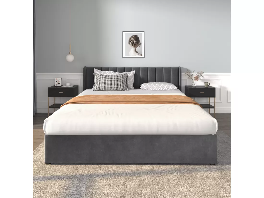 Lit 180x200cm avec 2 tiroirs - rembourré en velours - style moderne - Gris