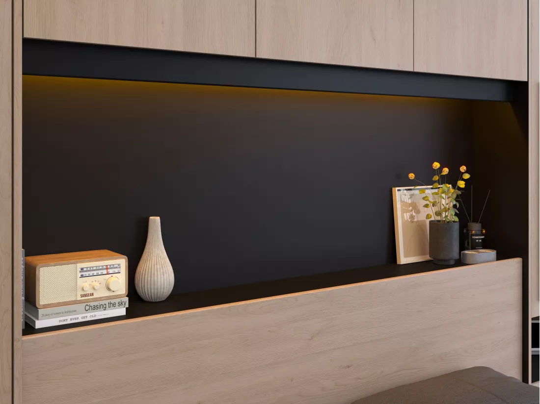 Lit pont 160 x 200 cm avec rangements - Avec LEDs - Coloris : Naturel et noir + Sommier + Matelas - VELONA