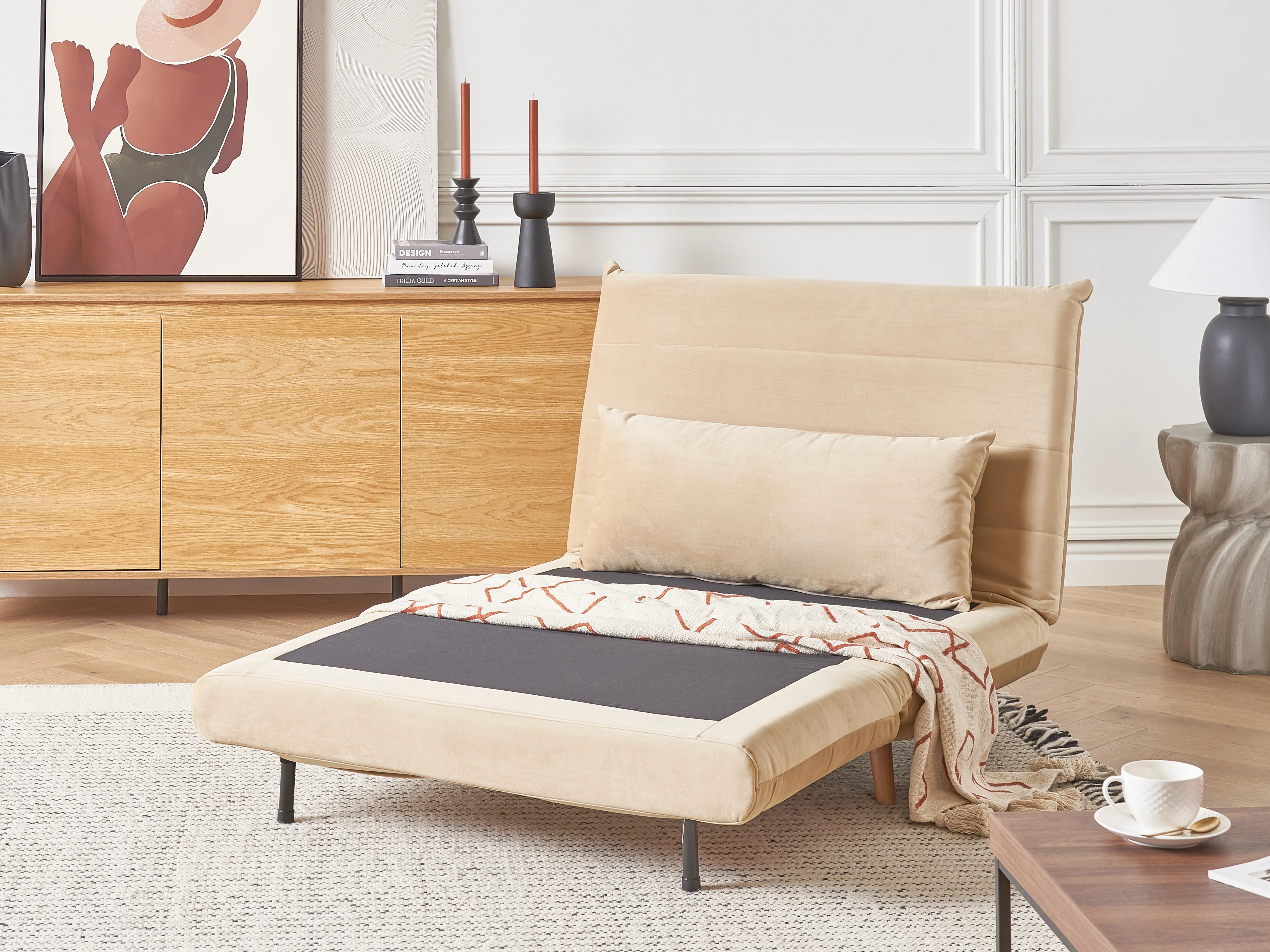 Eenpersoons slaapbank SETTEN Fluweel Zandbeige