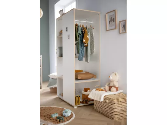 Meuble de rangement avec étagères et penderie en bois blanc et chant bois