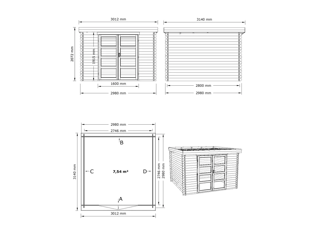 Abri de jardin en bois avec toit plat 9,86 m² épaisseur 28 mm - LOTAVI