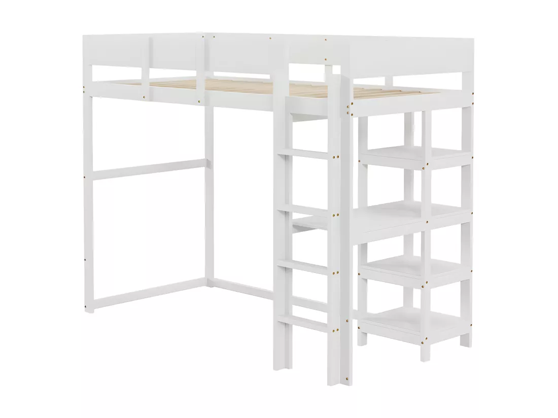 Lit mezzanine 90x200cm en bois - avec étagères et sommier à lattes - Blanc