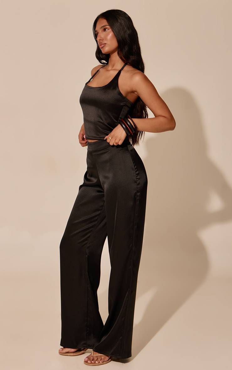 Noir Pantalon Large En Satin Ensemble Coordonné