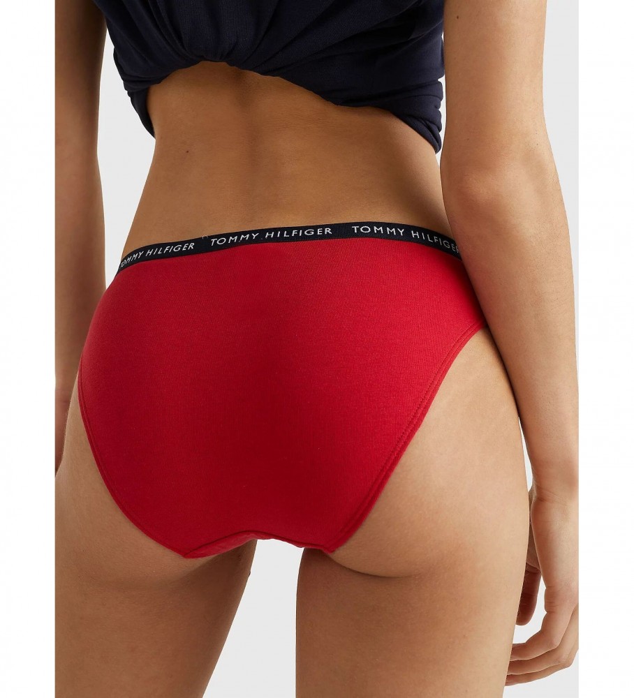 Conjunto de 3 cuecas Tommy Hilfiger com logo nas cores azul-marinho, vermelha e branca.