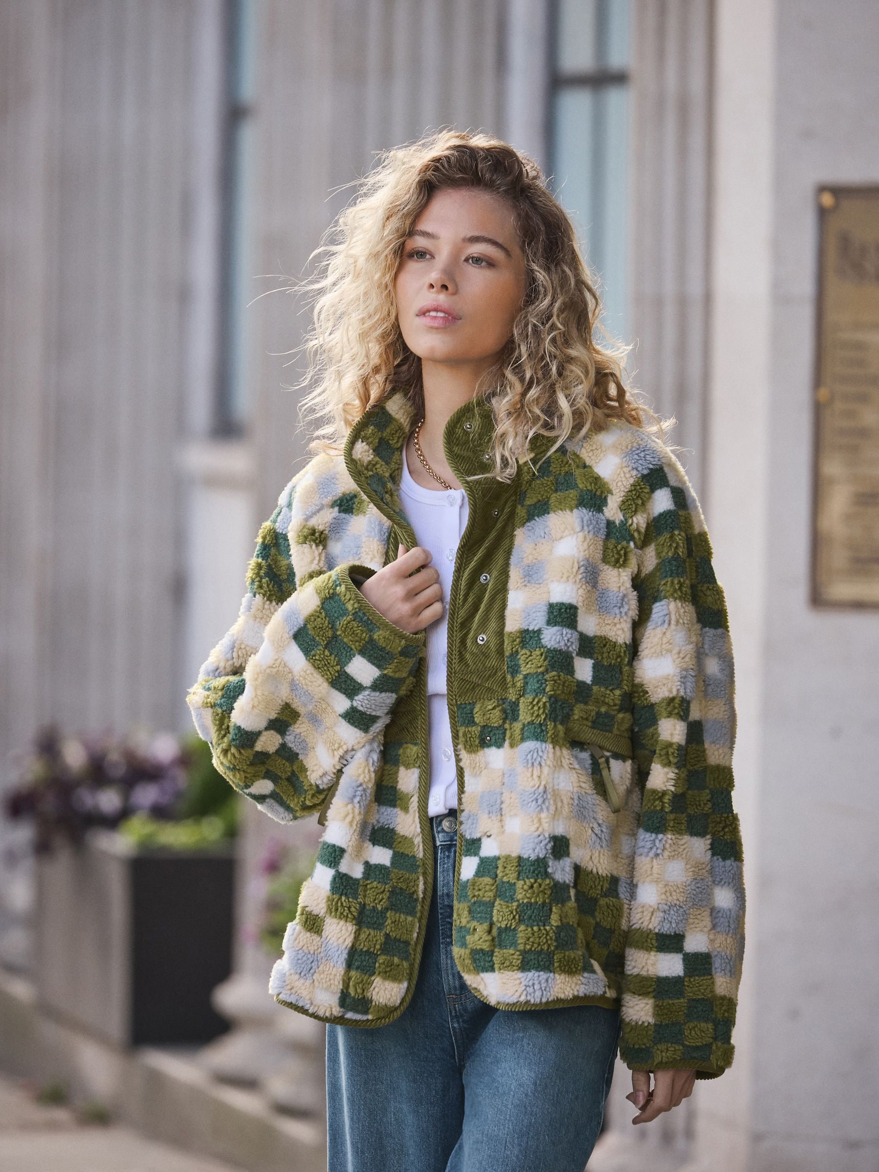 Groen ruit patroon - Behaaglijke teddy Borg mixgeweven fleece Jack met Knoopsluiting