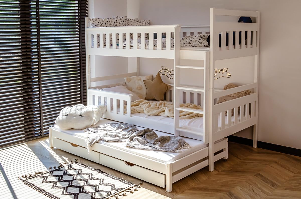 Kids Collective Hochbett 90x200 mit Ausziehbett Etagenbett mit Ausziehfunktion, Zwei Schubladen, Lattenrost, Rausfallschutz, umbaubar in DREI Einzelbetten, Vollholz massiv in Weiss 4.-18. Lebensjahr
