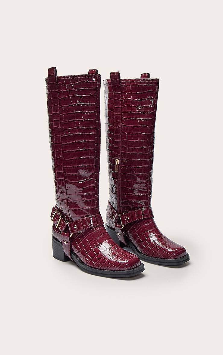 Rouge Bordeaux Bottes Hautes À Détails Boucles Effet Croco Verni