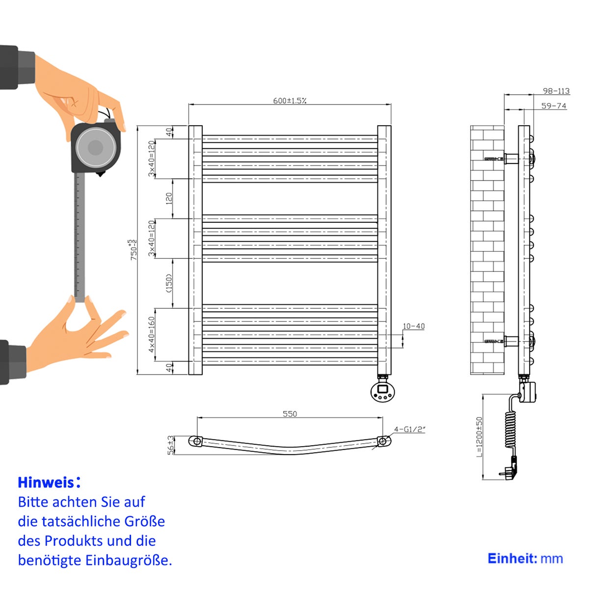 EMKE Elektrische Badkamerradiator Handdoekwarmer met Thermostaat Gebogen 75x60cm 300 Watt Antraciet Handdoekdroger Handdoekradiator Badkamer