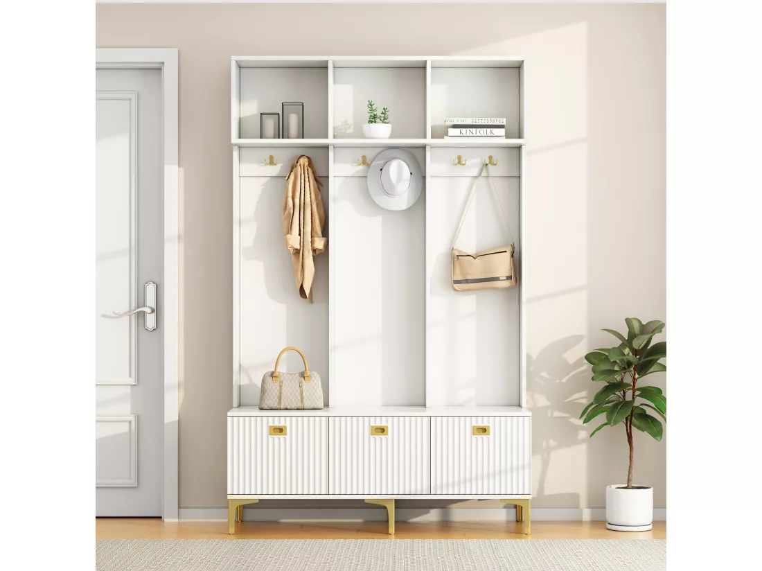 Vestiaire avec banc, 3 portes et porte-manteau - 120 x 23.5 x 191.5 - Panneau de particules - Coloris blanc