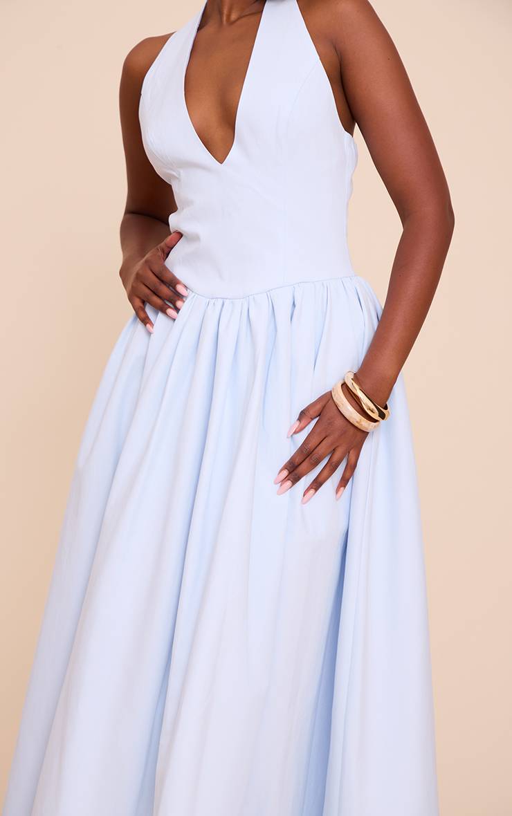 Bleu Clair Robe Midaxi À Pois Froncée Avec Col Licou Et Détail Noué