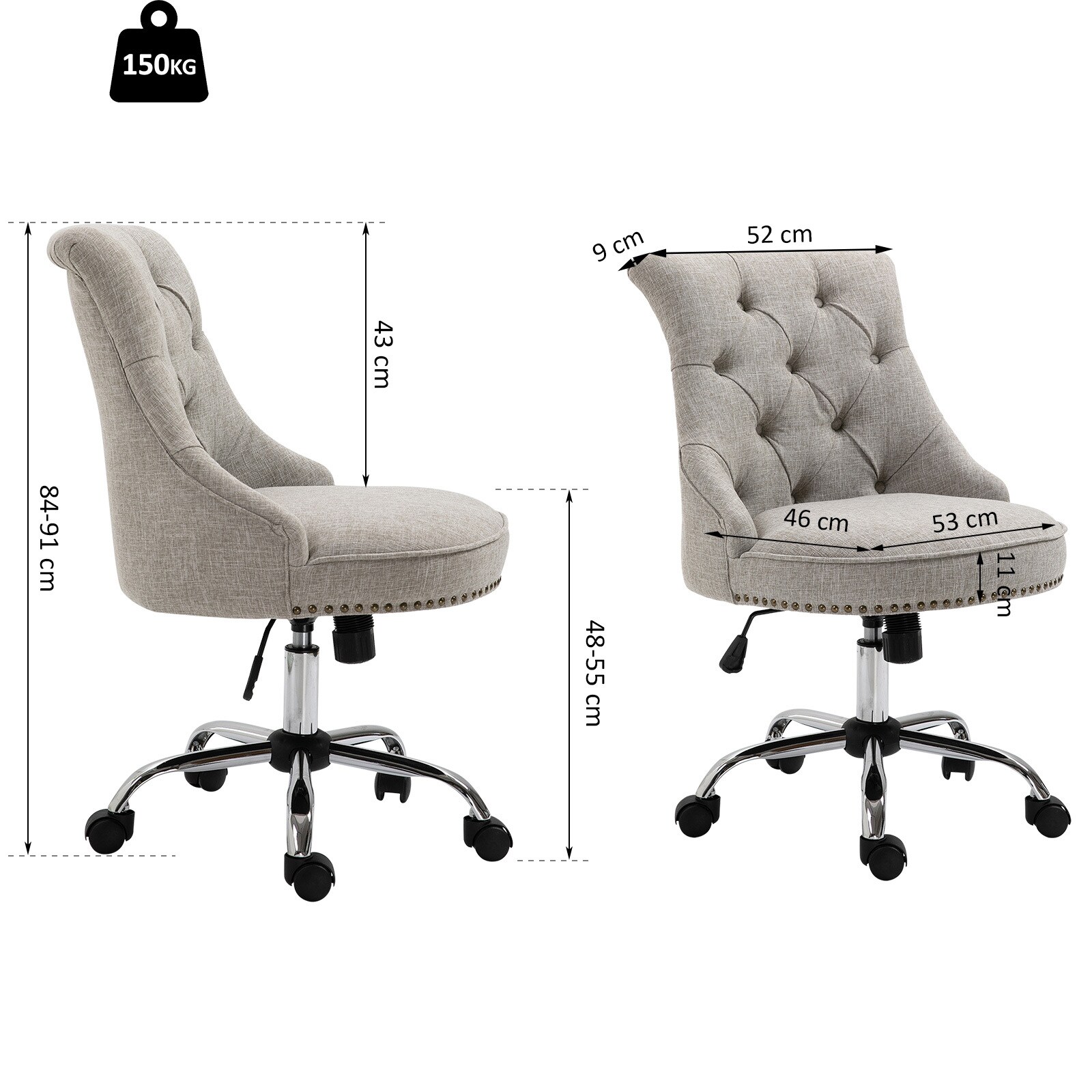 HOMCOM Polsterstuhl mit Chesterfield-Lehne hellgrau 54 x 65,5 x (84-91) cm (BxTxH)