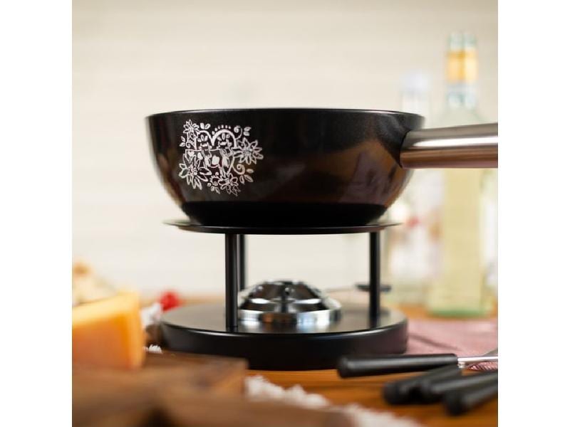 Kuhn Rikon Käsefondue-Set Alpenliebe 7 Teile, Schwarz Käsefondue-Set mit Edelweiss-Blümchen