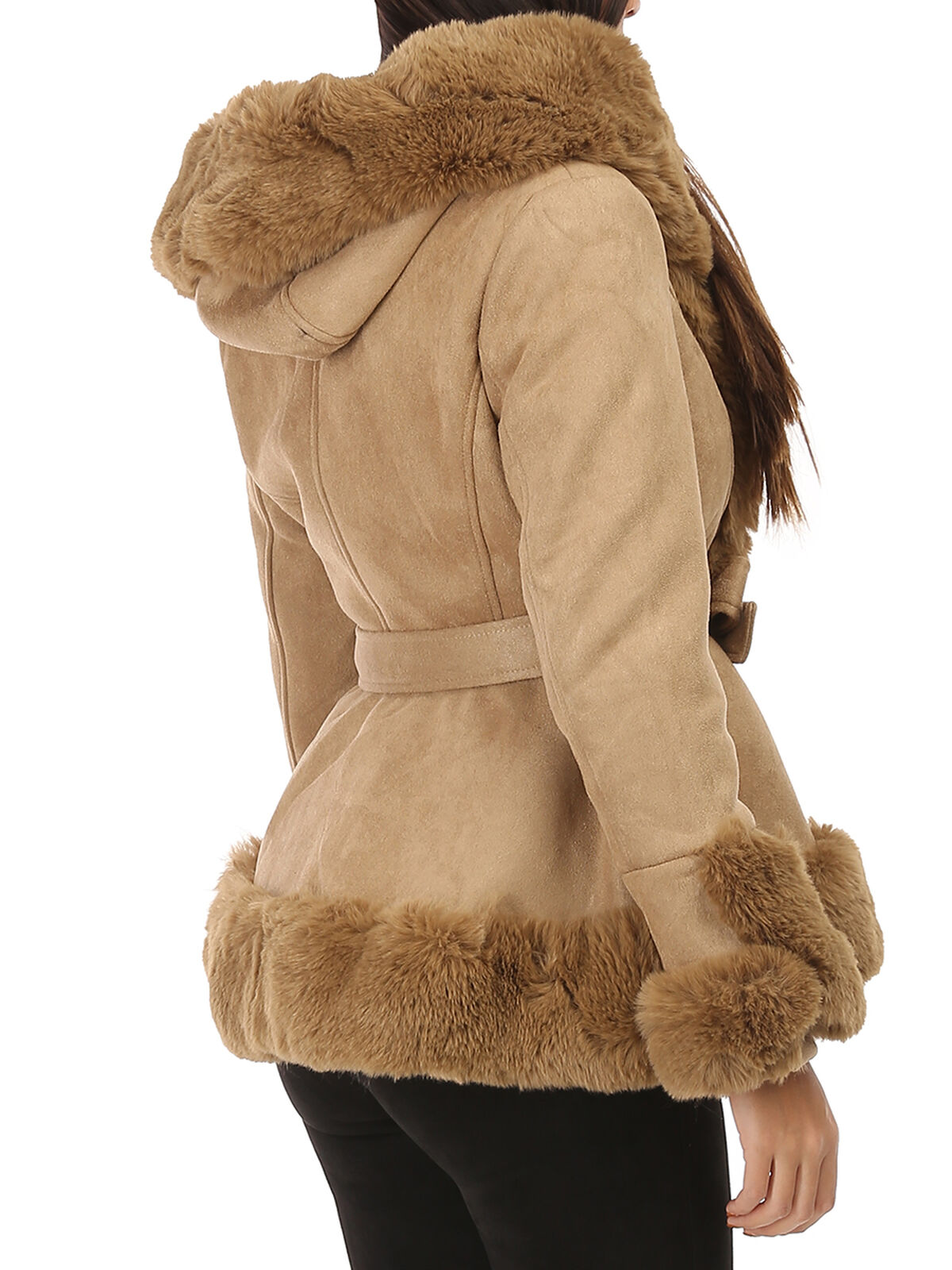 Manteau court en suédine et fourrure à capuche- Camel