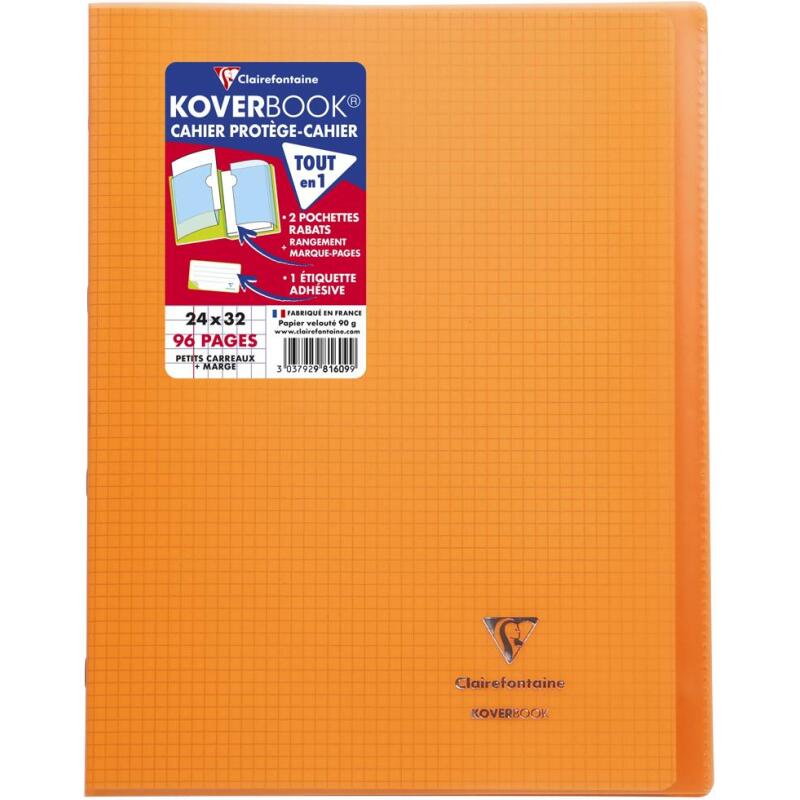 Cahier piqué Koverbook 24x32 cm 96 pages petits carreaux + marge couverture polypropylène transparent - Orange
