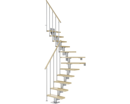 Pertura Spiros middentrap, parelgrijs, kwartslag, links/rechts onder, balustrade 75 cm, esdoorn gelamineerd hout, gelakt, 11 treden / 12 stootborden