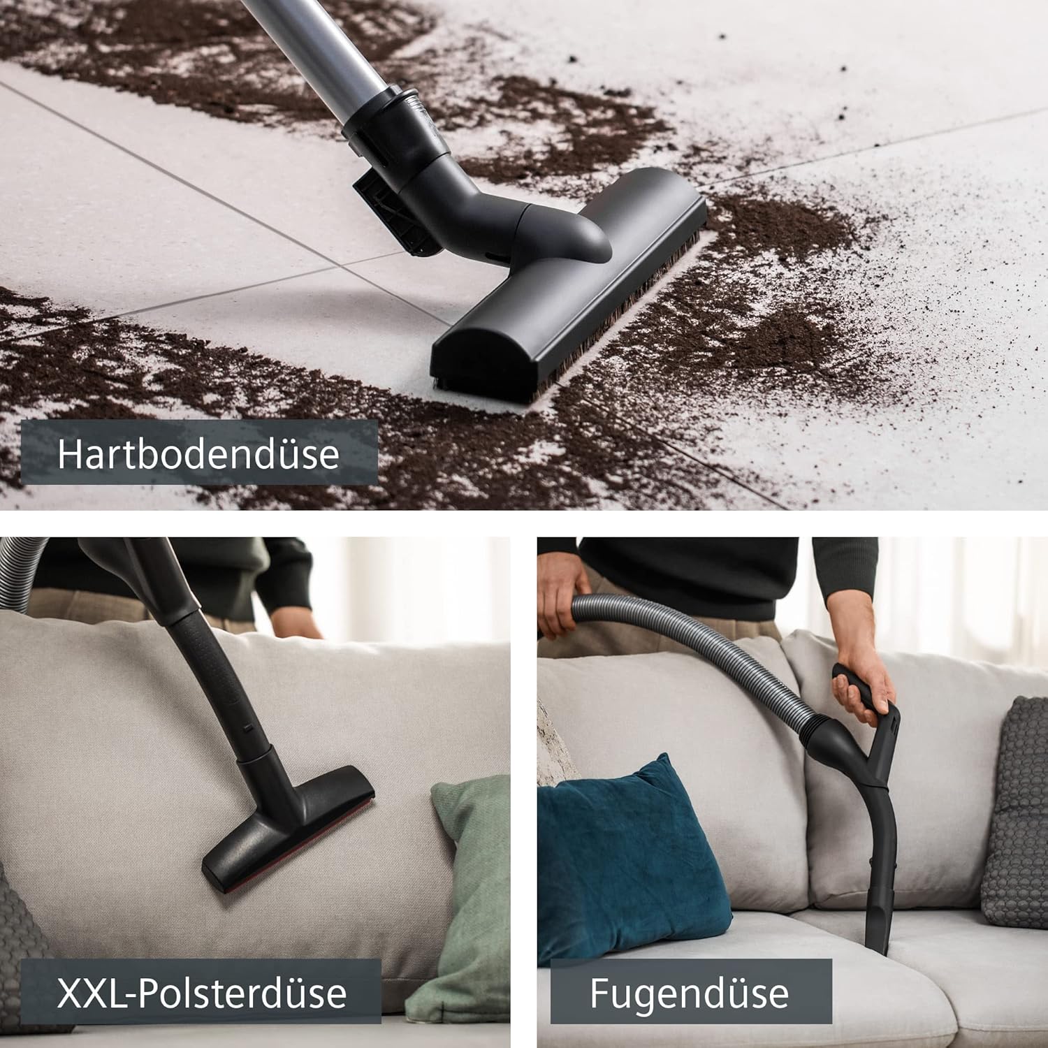 Siemens Staubsauger mit Beutel Z 7.0 VSZ7442S, ideal für Allergiker, Hygiene-Filter Plus, extrem leise, Bodendüse für Parkett, Teppich, Fliesen, langes Kabel, XXL-Polsterdüse, Fugendüse, 650 W, weiß