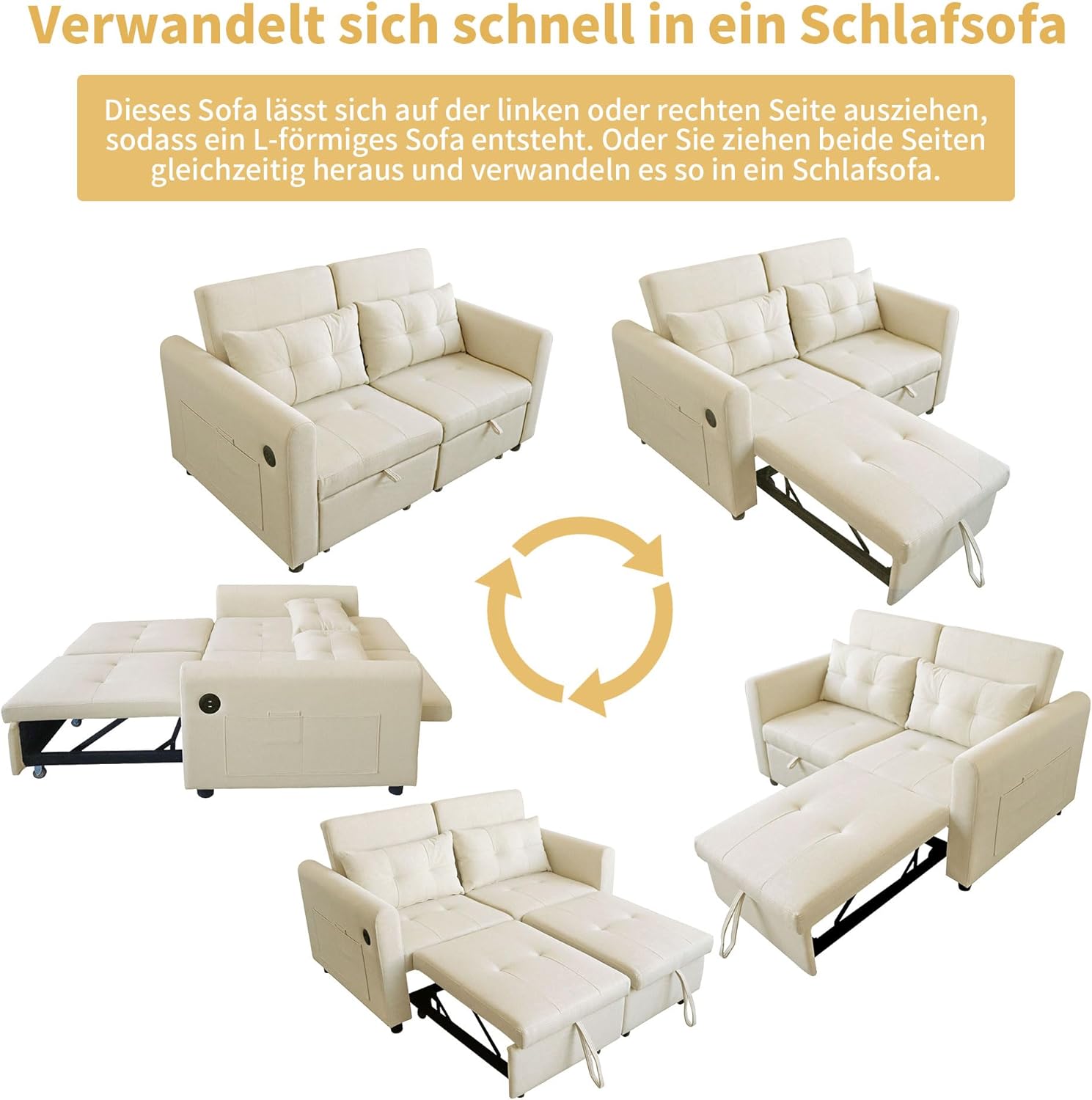 Modernes Doppel-Klappschlafsofa, 2-Sitzer Ausziehsofa mit Schlaffunktion, mit verstellbare Rückenlehne&Armlehnentaschen und Kissen, USB-Ladeanschluss, für Wohnzimmer Schlafzimmer Büro (Beige C)