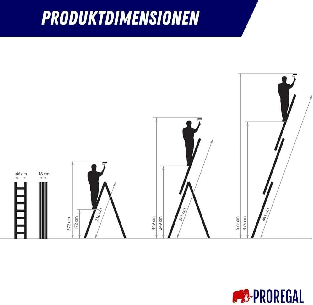 PROREGAL Economy Basic 3-delige multifunctionele ladder met dwarsbalk, 3 x 9 sporten, werkhoogte 5,47 m, draagvermogen 150 kg