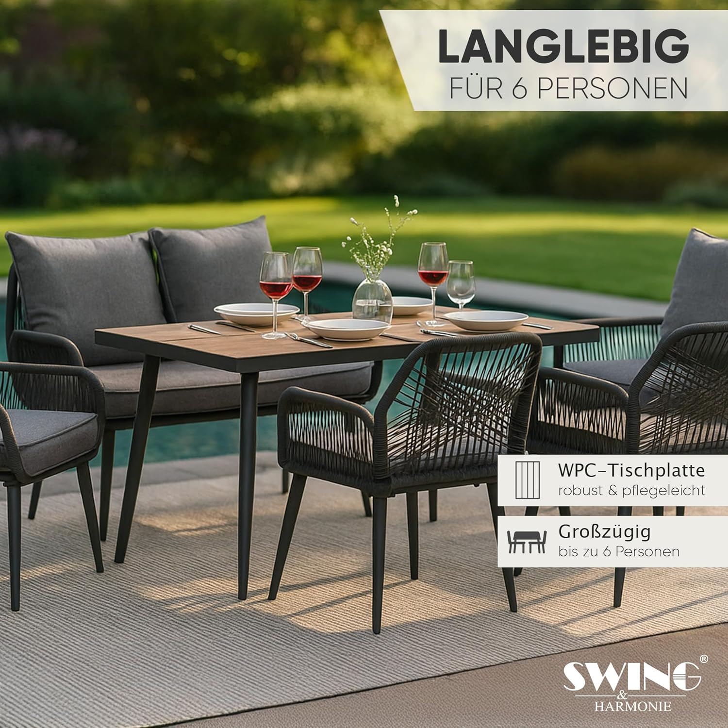 Swing&Harmonie® Gartenmöbel Lounge-Set „Sienna“ – Sitzgruppe mit Tisch, Sofa, Sesseln & Stühlen – wetterfest – Seilgeflecht – WPC-Tischplatte – Outdoor Essgruppe (anthrazit/Holz, 6 Personen)