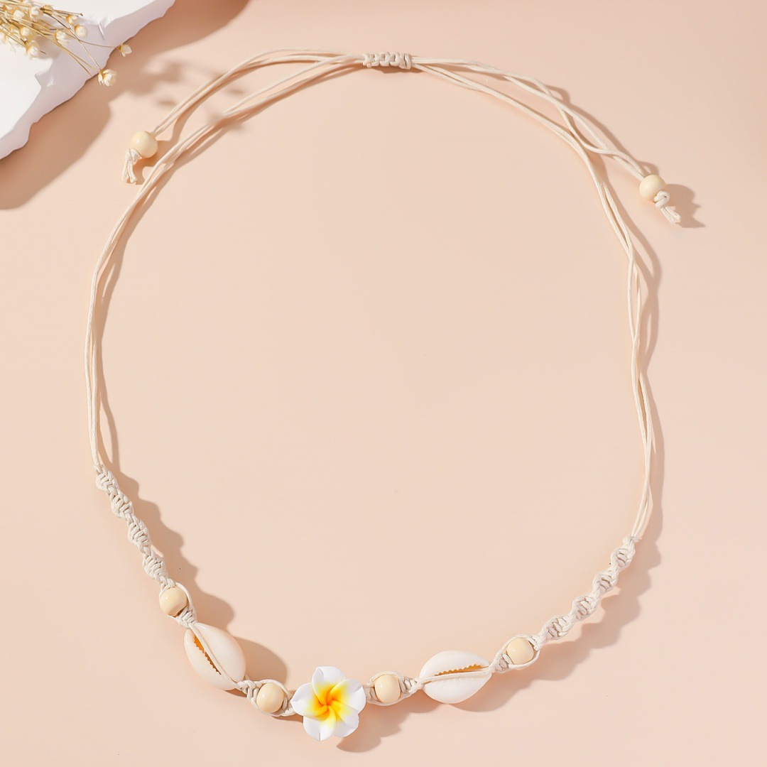 (18-70cm) Geflochtene Makramee Halskette Muschel Sommer Modeschmuck Boho Accessoire mit Blume - Weiss