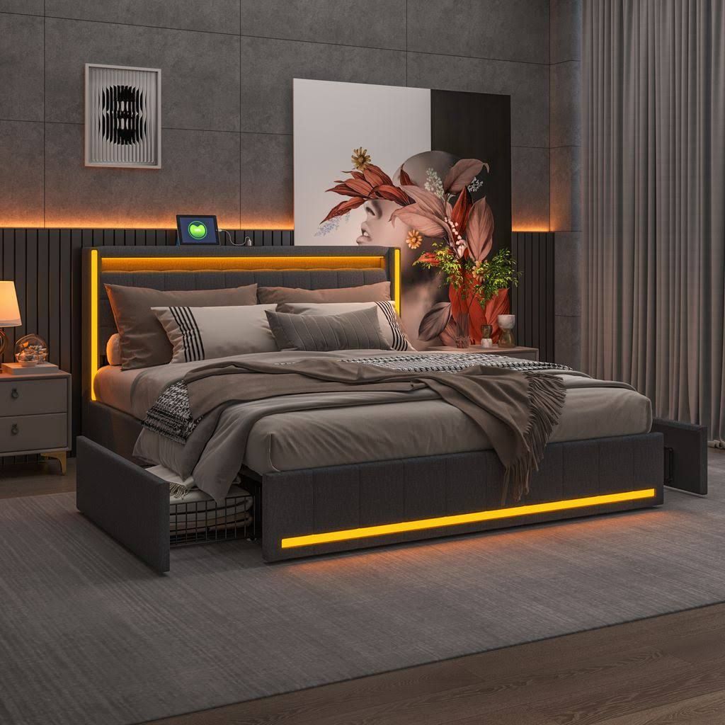 Polsterbett 160x200cm mit USB und Steckdosen, Jugendbett Doppelbett mi