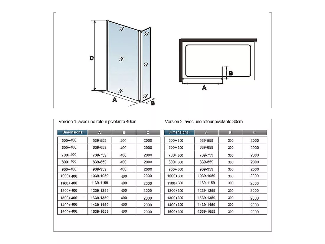 Paroi de douche à l'italienne 30+30x200cm avec retour pivotant - Verre 8mm trempé - Avec barre de fixation 140cm recoupable