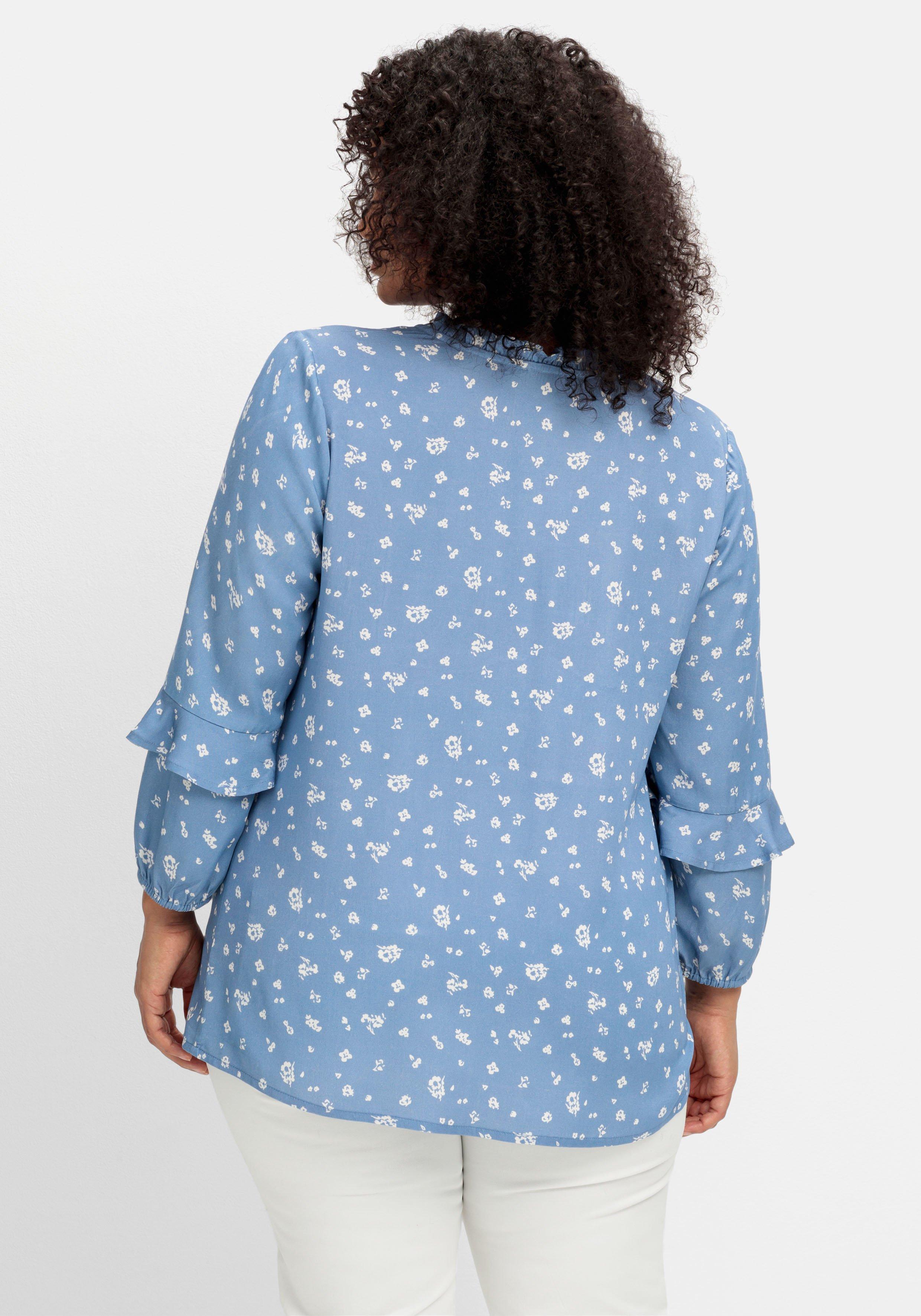 Twill-Bluse mit floralem Druck und Rüschendetails