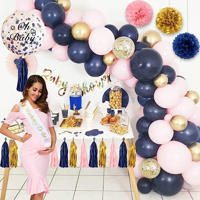 (53-tlg. Set) Baby Shower Party Luftballons / Pompon's / Kuchenstecker / Schärpe / Girlanden Deko Gender Reveal / Geburt - Rosa / Blau / Gold