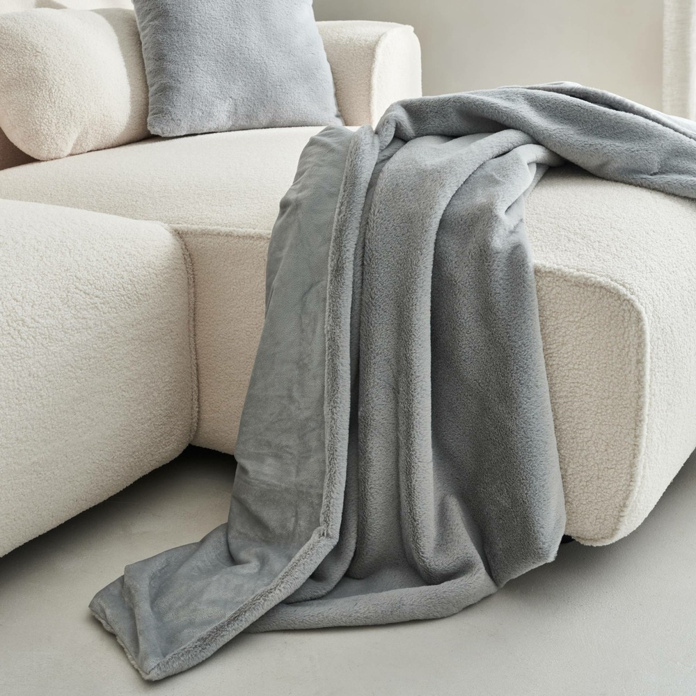 Plaid fausse fourrure gris clair poil long doublure polaire 130 x 160cm - laponie