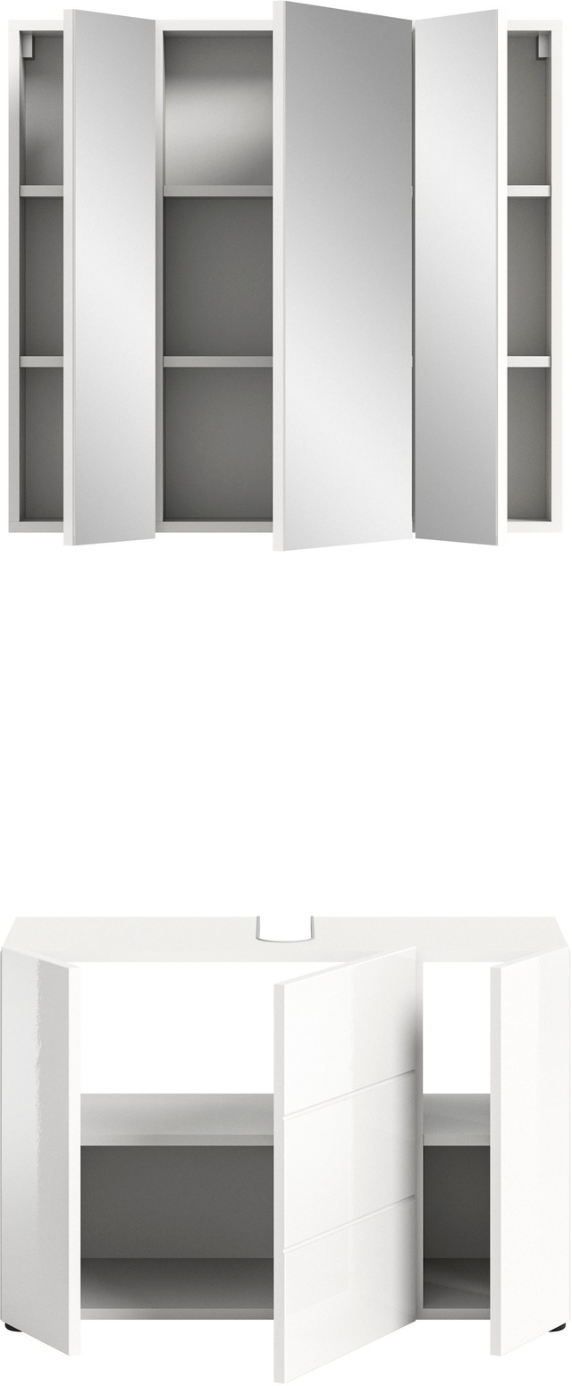 welltime Badmöbel-Set »BIEL, TOPSELLER!, 2 teilig, hochwertige MDF Front, Rillenoptik« 2 teiliges Set, bestehend aus: Waschbeckenunterschrank, Spiegelschrank, 2 Stk. tlg.