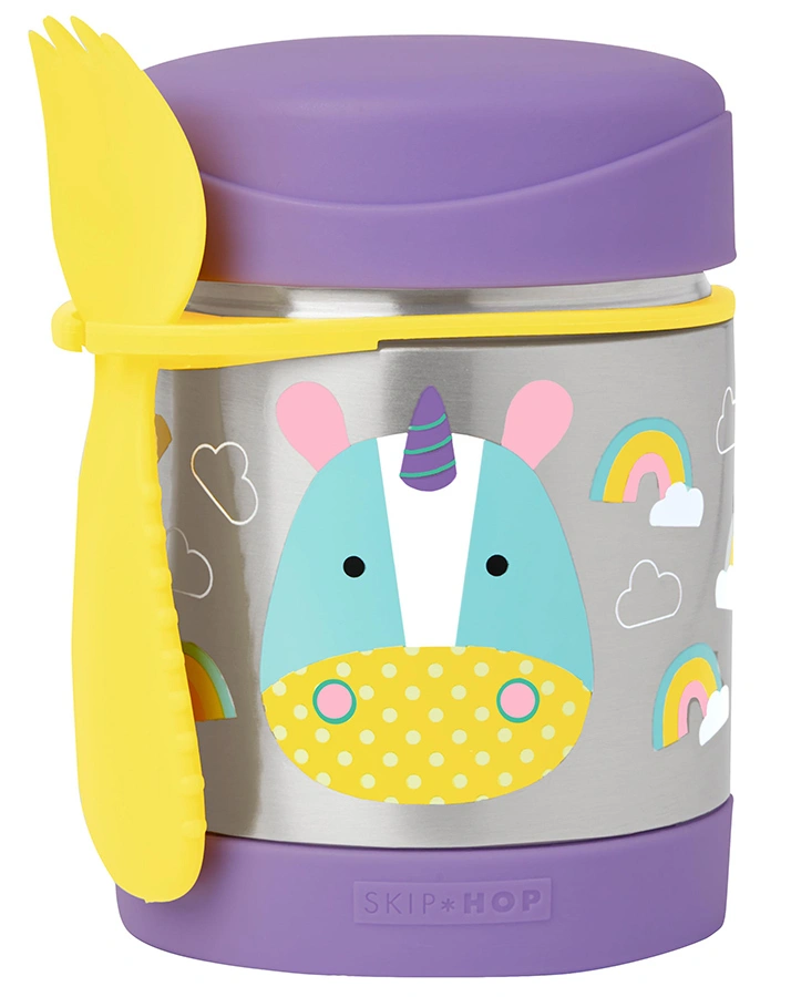 Edelstahl-Warmhaltebehälter ZOO – EINHORN EUREKA mit Göffel in silber/lila