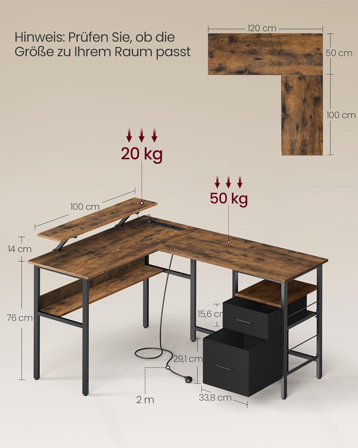 VASAGLE L-förmiger Schreibtisch mit Steckdosen, Eckschreibtisch, Computertisch, Monitorständer, Gaming-Tisch, LED-Beleuchtung, USB-Anschlüsse, 150 x 120 x 76 cm, Homeoffice, vintagebraun LWD095K01
