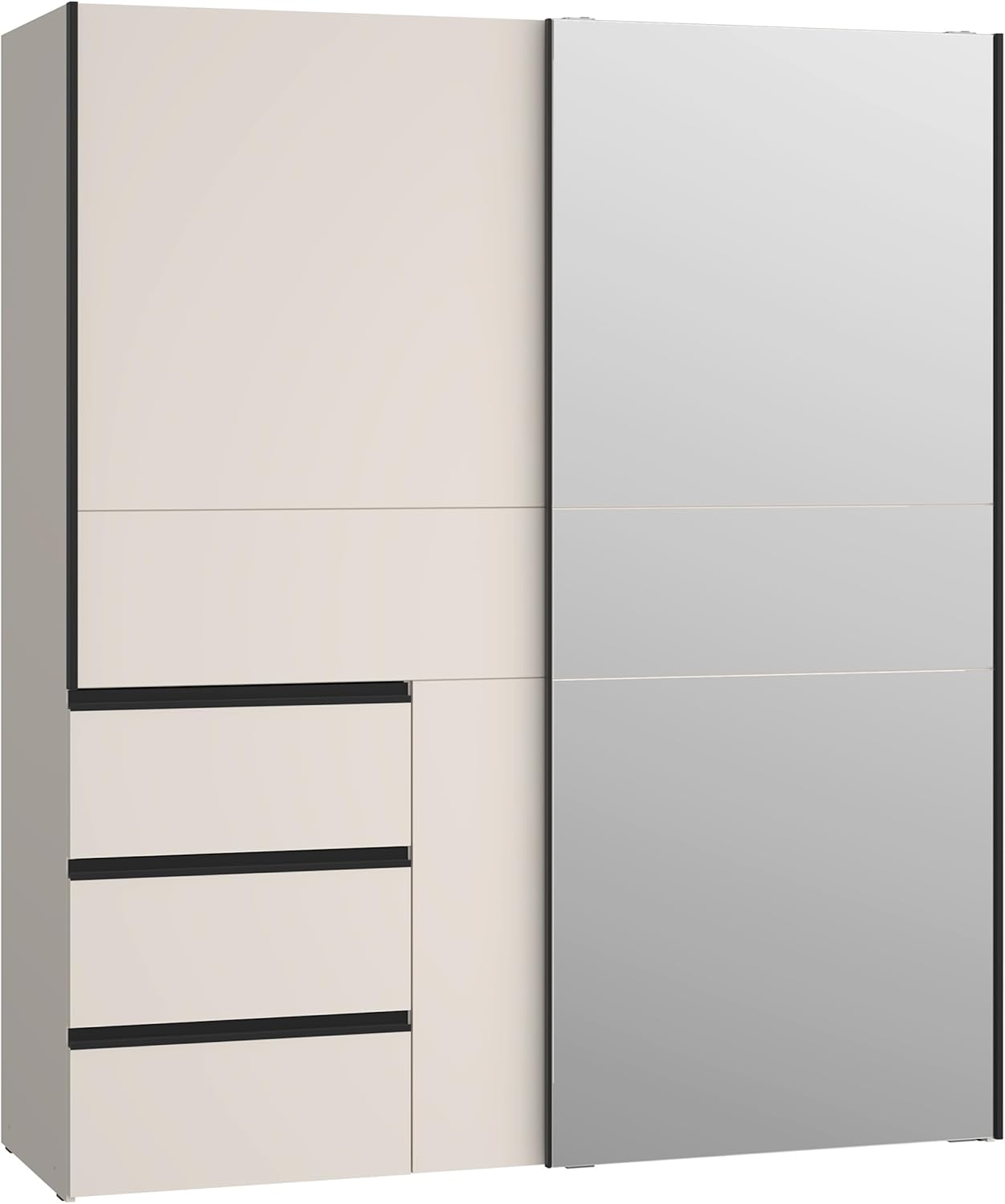 Forte Winn 2 moderner Kleiderschrank 170, Schwebetürenschrank mit Spiegel, 2-türig, 3 Schubladen, Holzwerkstoff, Kaschmir|Beige, 170,3 cm breit x 200,5 cm hoch x 61,2 cm tief