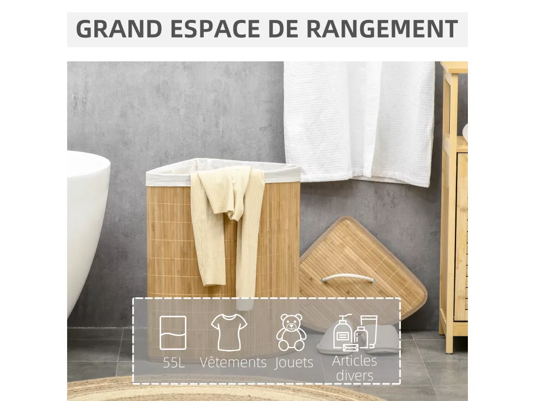 Panier à linge d'angle corbeille à linge bac à linge 55 L couvercle sac amovible poignée bambou tissu