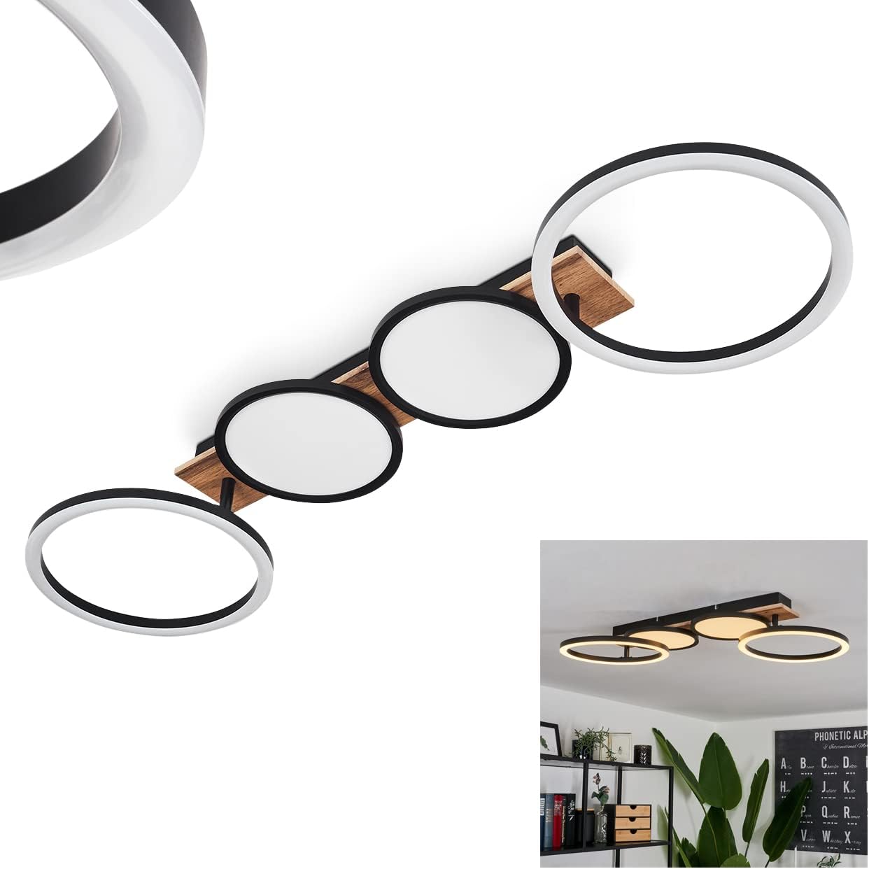 HOFSTEIN LED Deckenleuchte Avelal, Deckenlampe aus Metall/MDF/Kunststoff in Holzoptik/Schwarz/Braun/Weiß, moderne Leuchte m- verstellbaren Schirmen, 1 x LED 38 Watt, 2300 Lumen, 3000 Kelvin