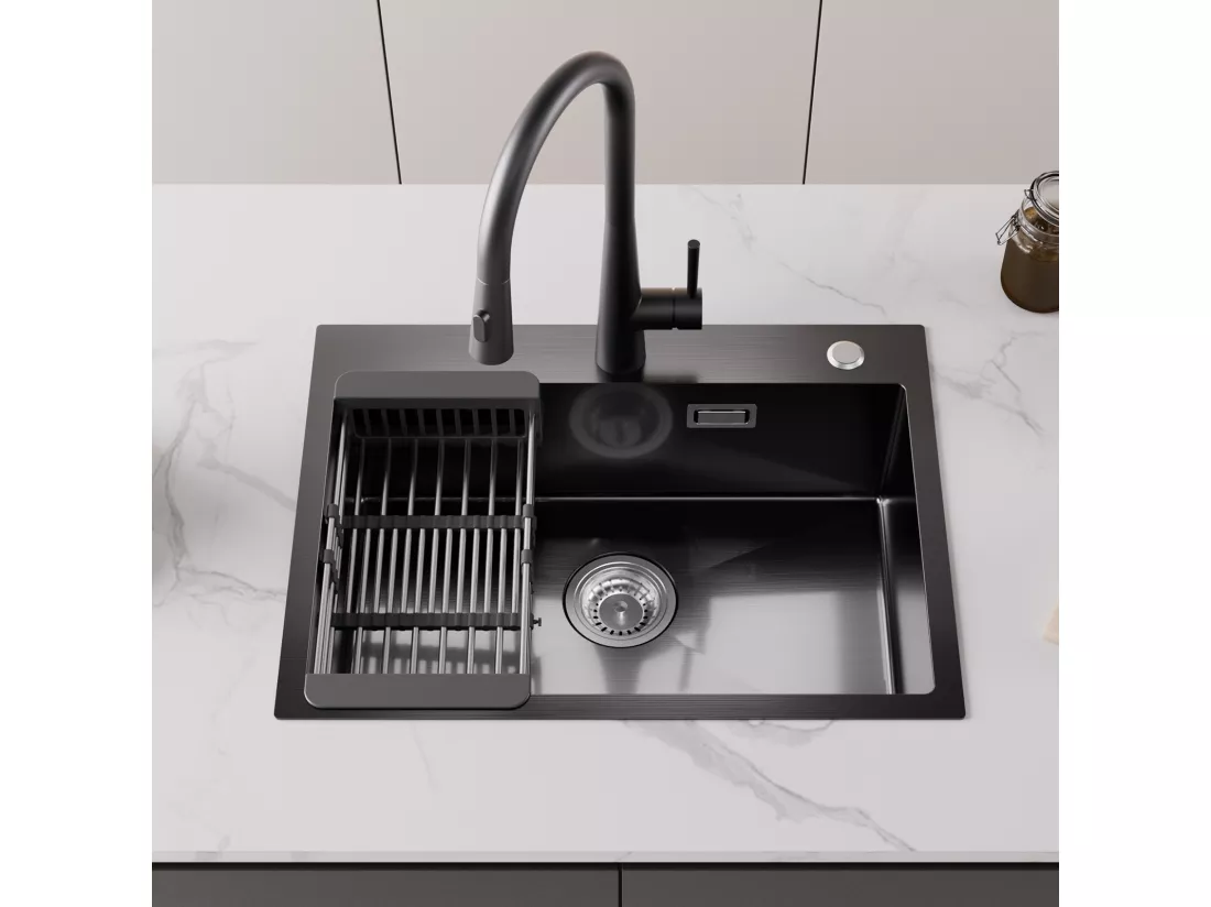 Évier de Cuisine Inox 60×45cm, Évier 1 Bac avec Panier de Drainage + Mitigeur de Cuisine Avec Douchette Extractible, 2 Modes de Sortie D'eau, Brossé